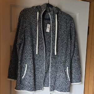 Talbots Navy-and-White Marled Hooded Open Cardigan Sweater